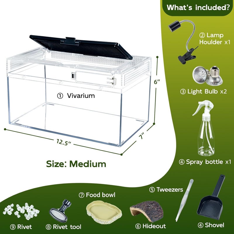 BINANO 12.5''×6''×7'' Reptile Tank Kit with Heat Lamp, Spray Bottle, Shovel, Tweezers, Food Bowl, Hideout -Perfect for Geckos, Snakes, Lizards, Turtles, Jumping Spider,Milk Frog,Hermit Crabs - Image 2
